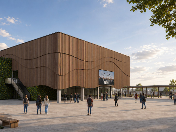 Schematische Darstellung der Außenansicht der Aula Gymnasium Salzgitter-Bad nach Abschluss der Grundsanierung.